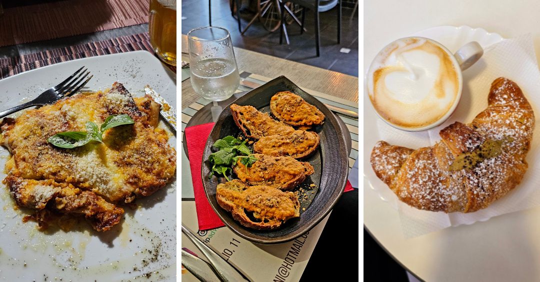 lasagne, rybacia nátierka, pistáciový croissant, cappuccino